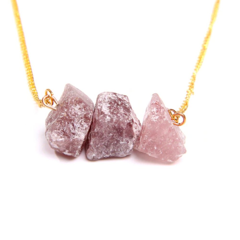 Natural Raw Cut Purple Amethyst Quartz Stone Pendant Gold Necklace